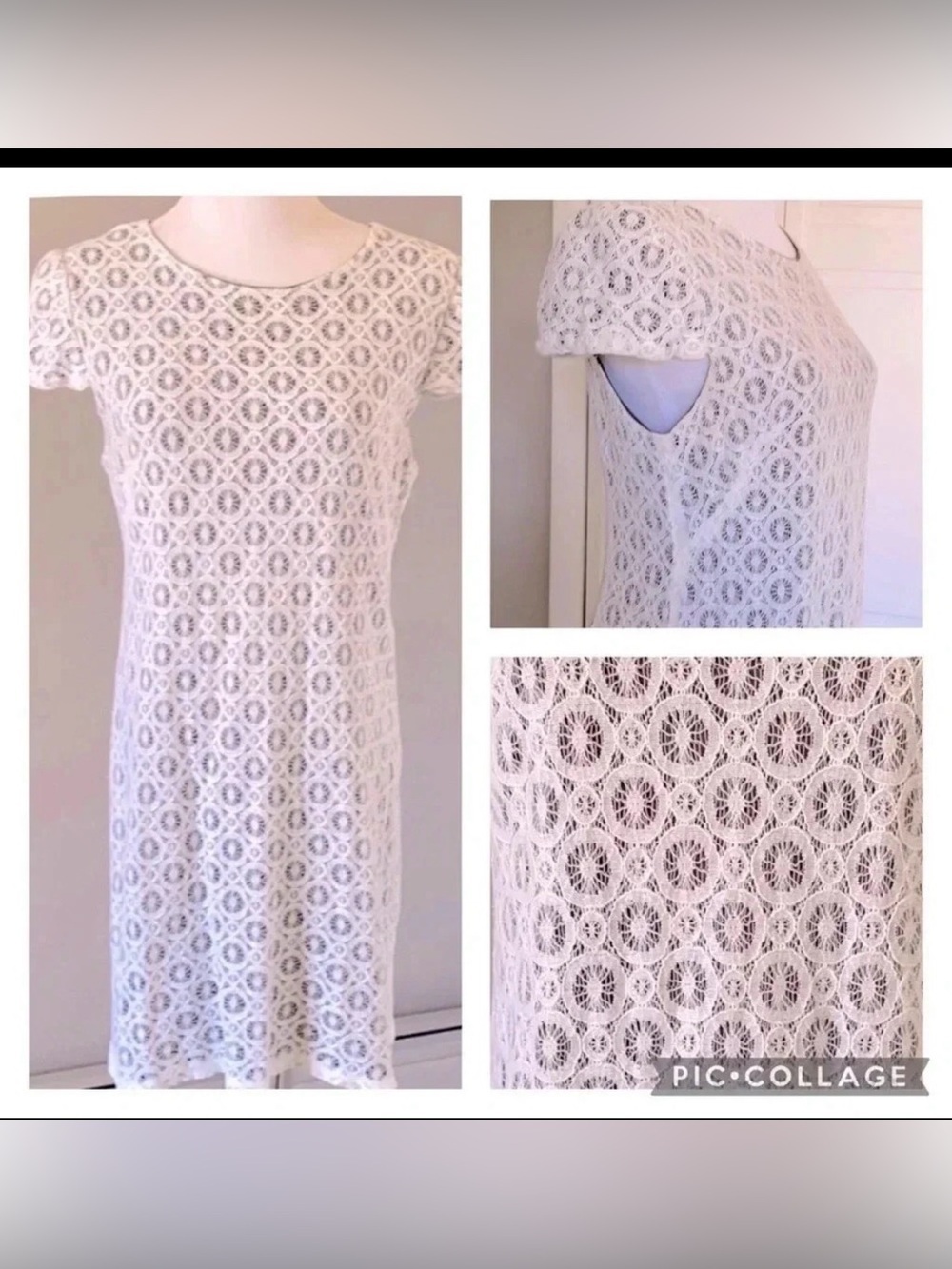 Ivory Crochet Lace Shift Dress Cap Sleeve Cream Boho Size 10